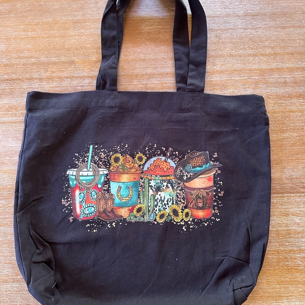 Black Tote Bag with Colorful Graphic